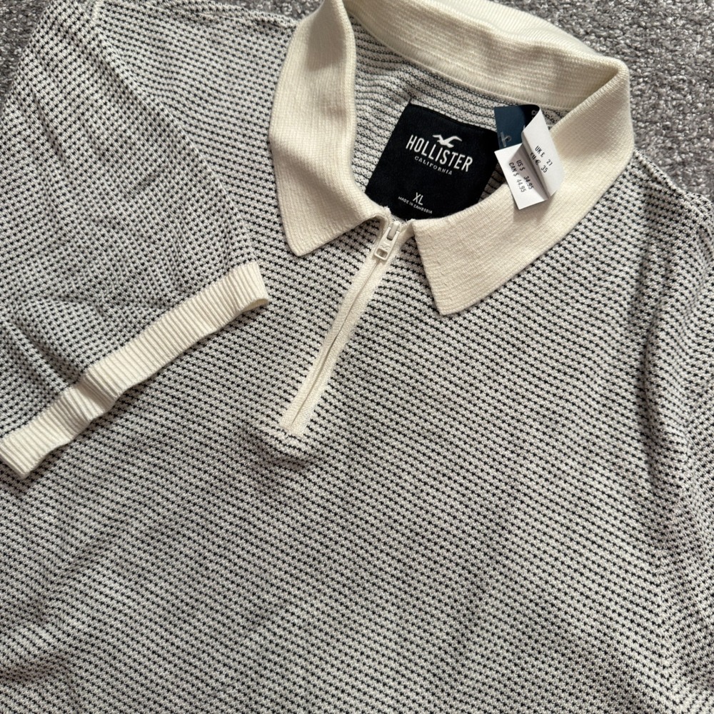 Hollister Polo Shirt Mens XL White Blue Crochet Cotton Textured Knit Preppy Zip